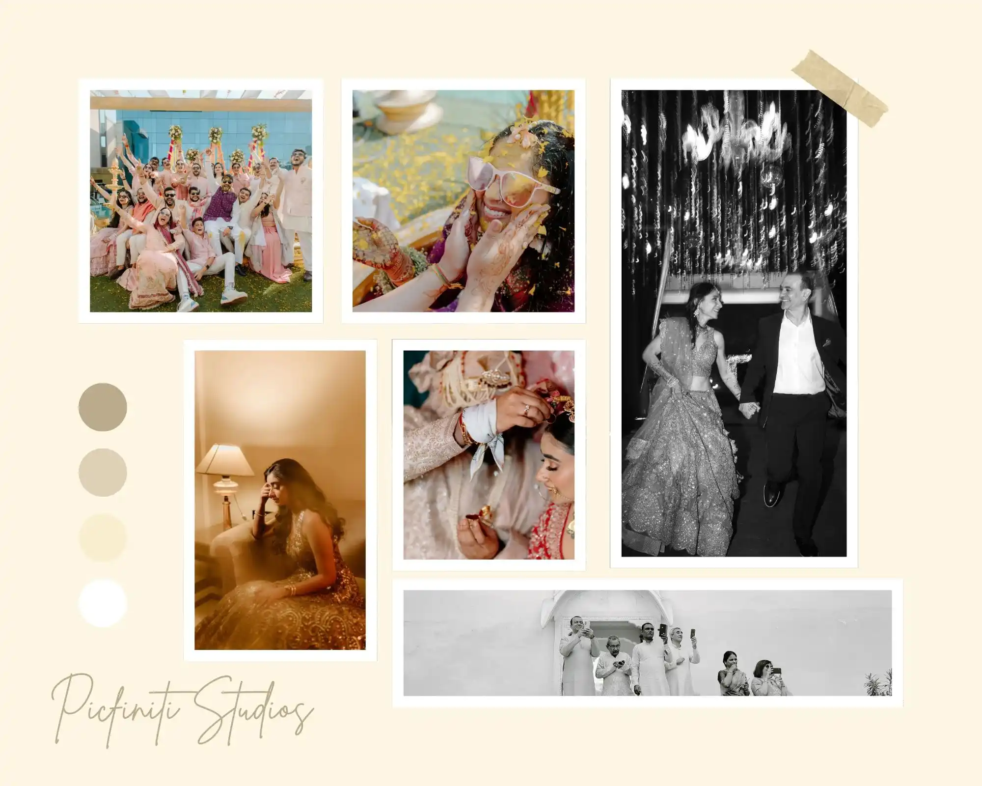 A collage showing different wedding photography styles: light and airy, dark and moody, and photojournalistic.